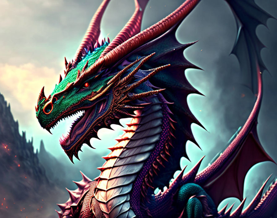 Colorful Dragon with Blue and Pink Scales in Mountainous Setting