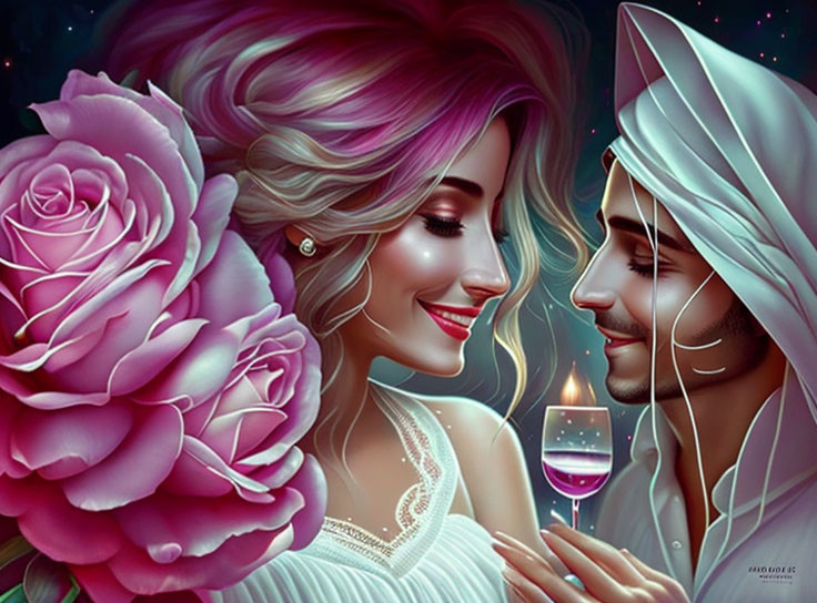 Romantic couple digital artwork with woman holding pink rose and man with red wine