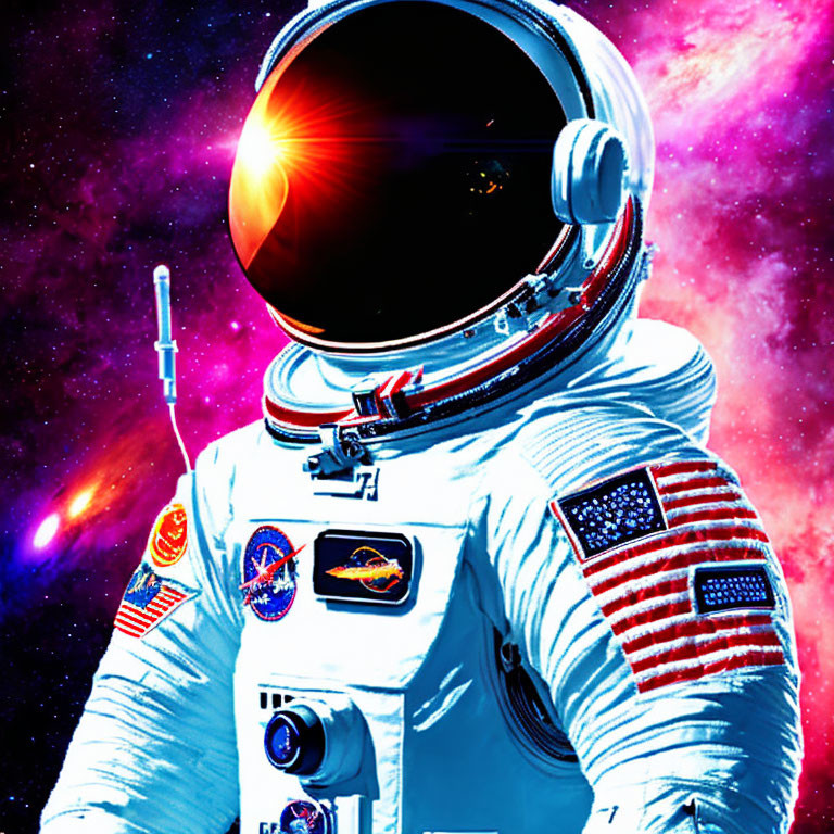 Astronaut in white space suit against cosmic background with stars and nebula