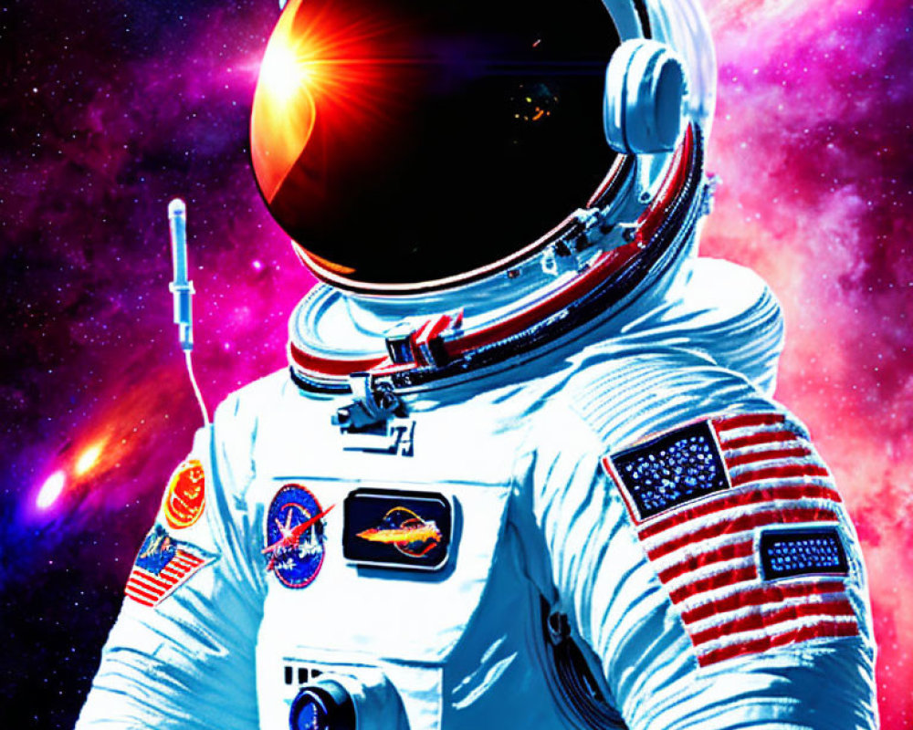 Astronaut in white space suit against cosmic background with stars and nebula