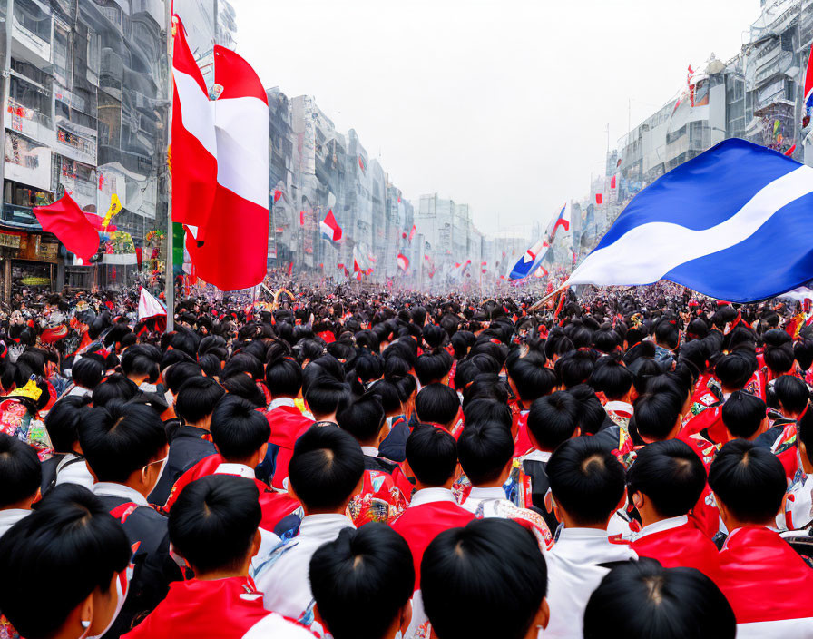 Crowd in Red Attire with Flags on Street