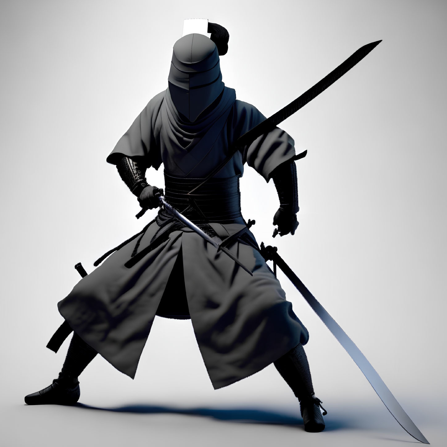 Traditional ninja in combat stance with katana and other swords sheathed