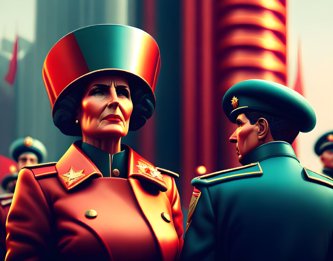 Illustration of stern female military officer in red uniform facing male officer in green.