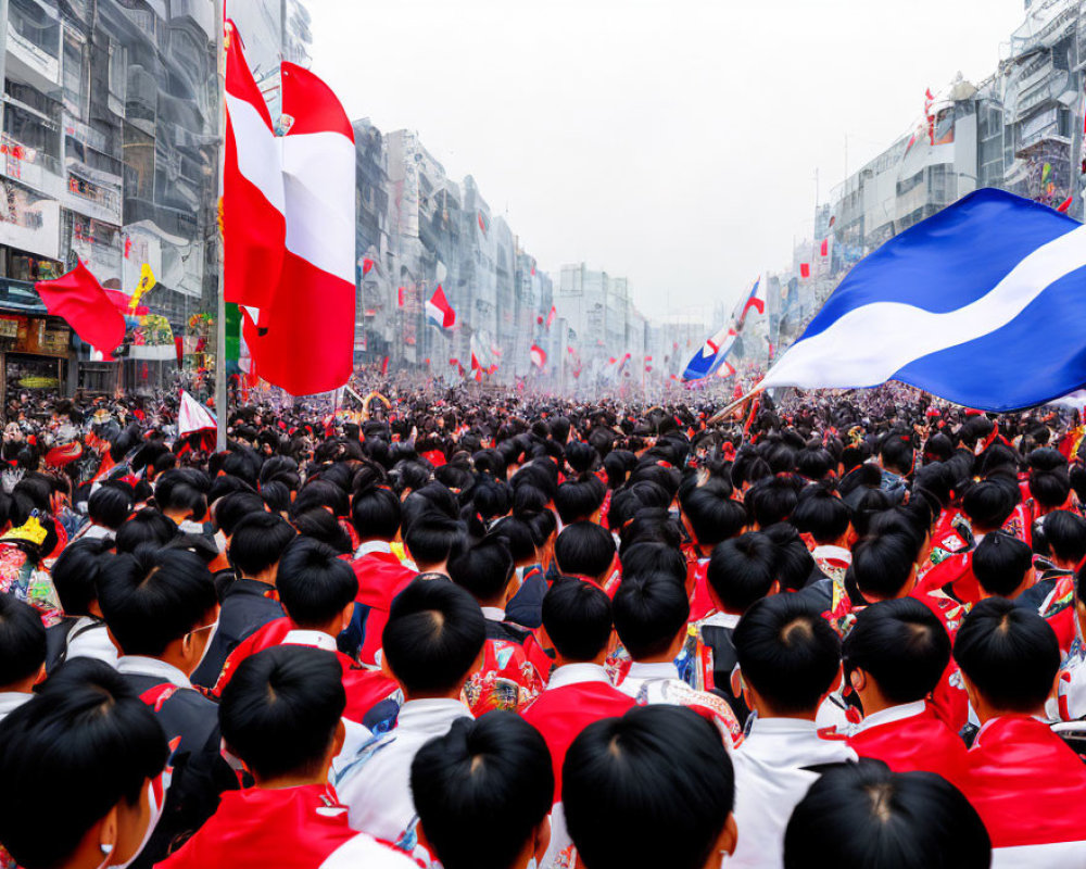 Crowd in Red Attire with Flags on Street