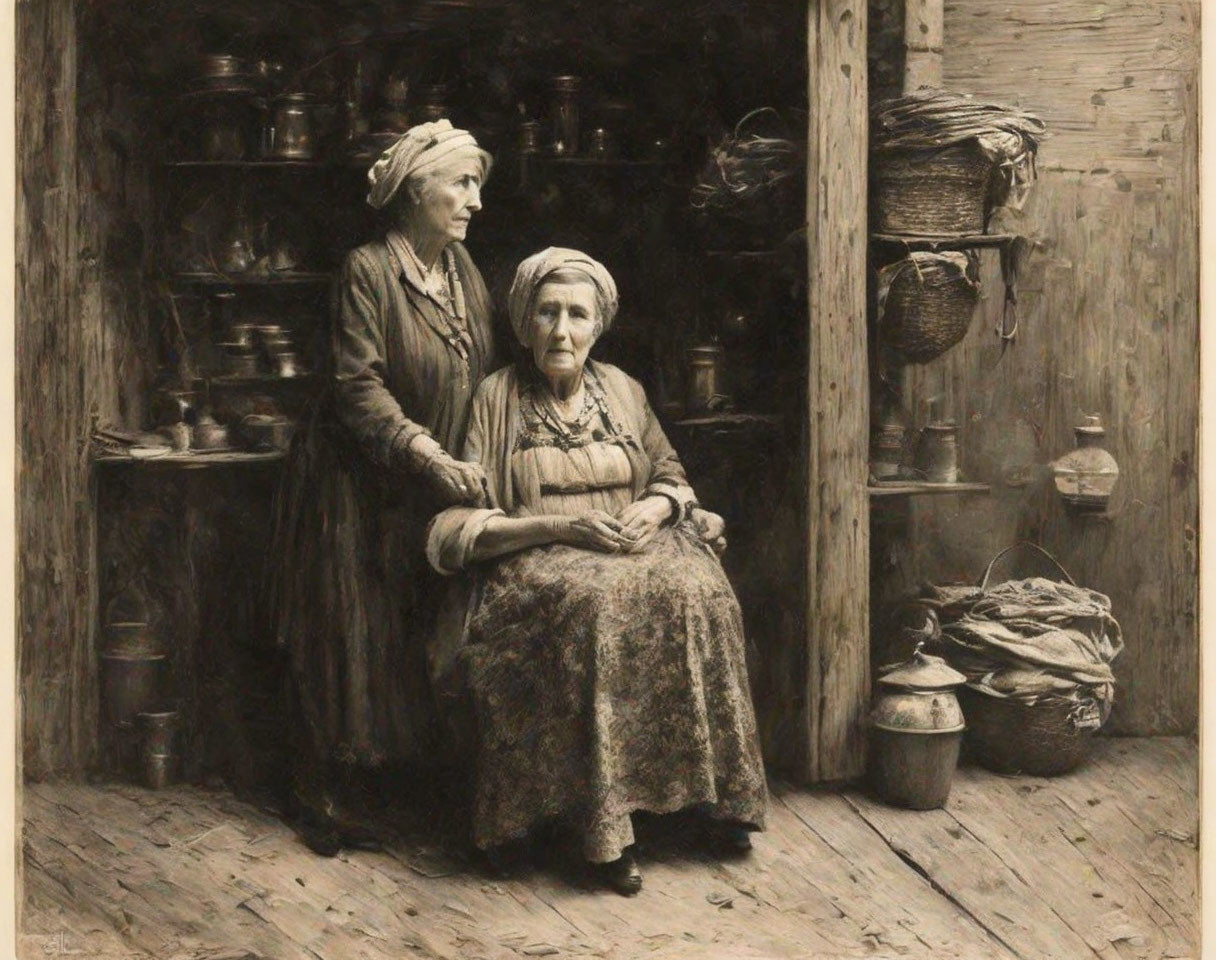 Vintage-clad elderly women in rustic kitchen with pottery shelves