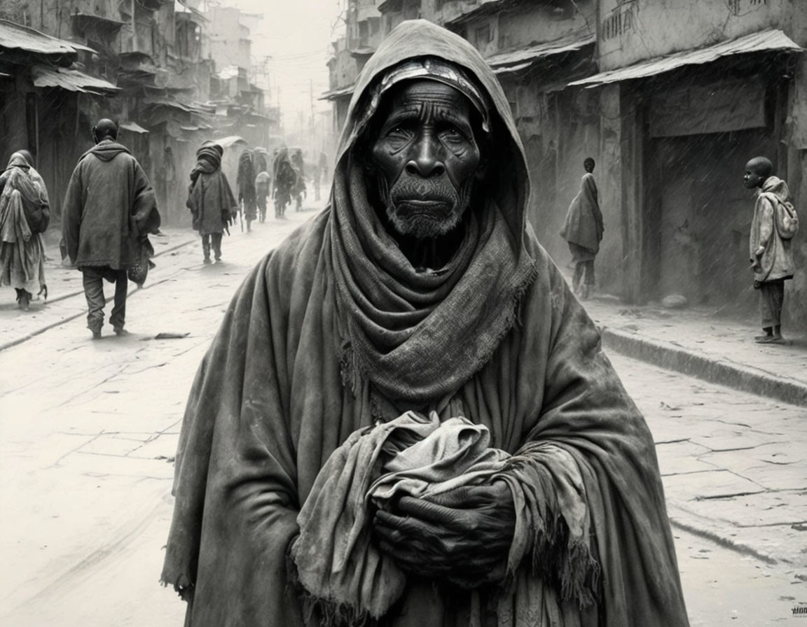 Elderly person in layered clothing on busy street.