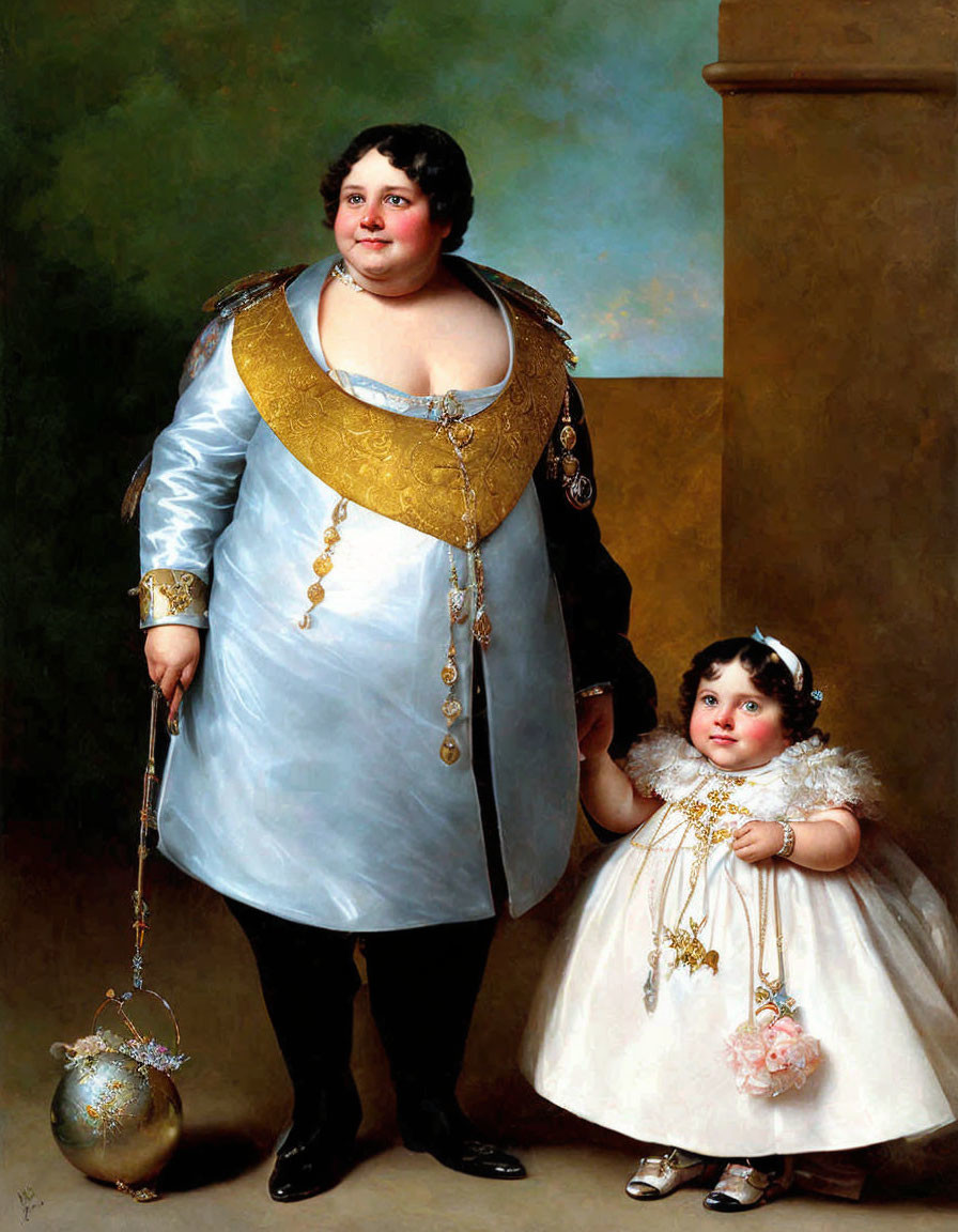 Large Man and Child in Blue and White Costumes with Ornate Accessories