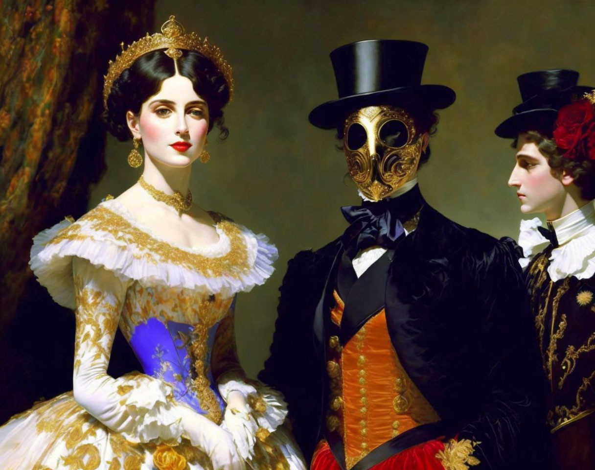 Elegant woman in white and gold dress with masked man and woman in dark attire