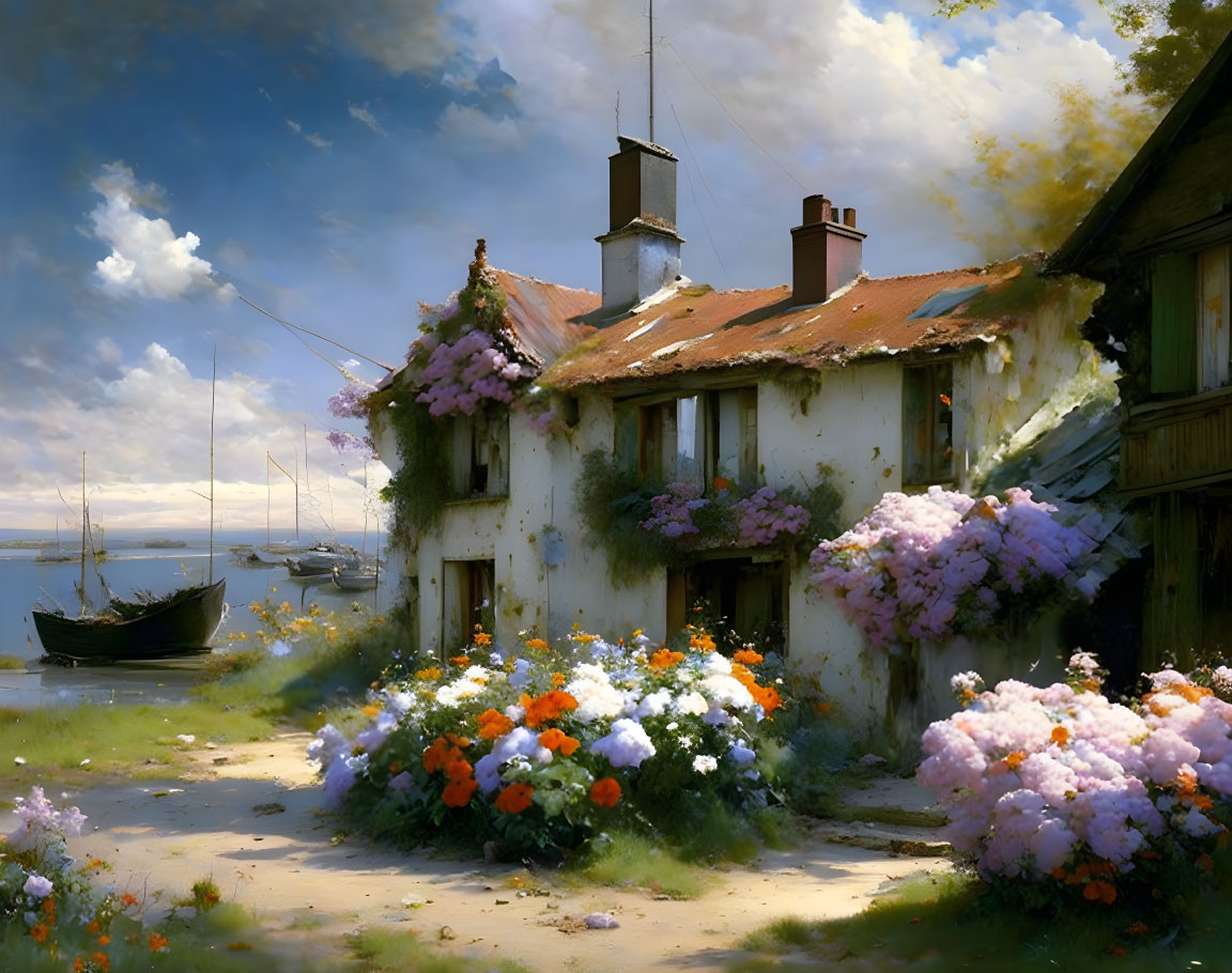 Seaside cottage with blooming garden and moored boats under sunny sky