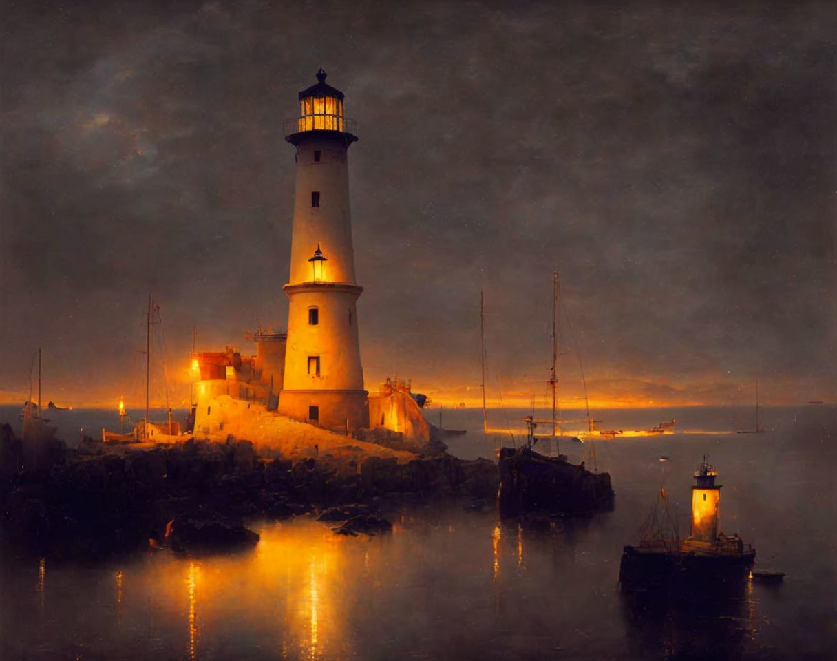 Tranquil night landscape with glowing lighthouse on rocky outcrop