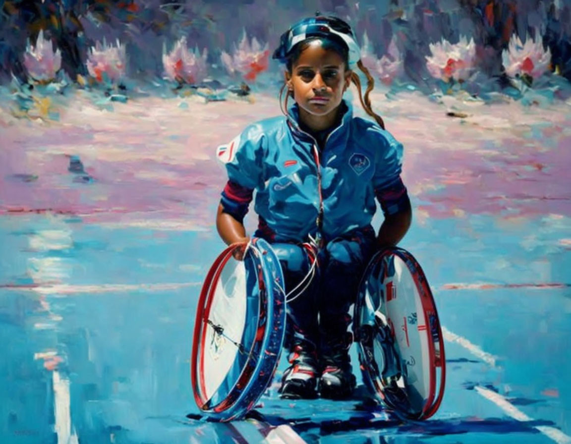 Young woman in wheelchair on vibrant background, wearing sports jersey.