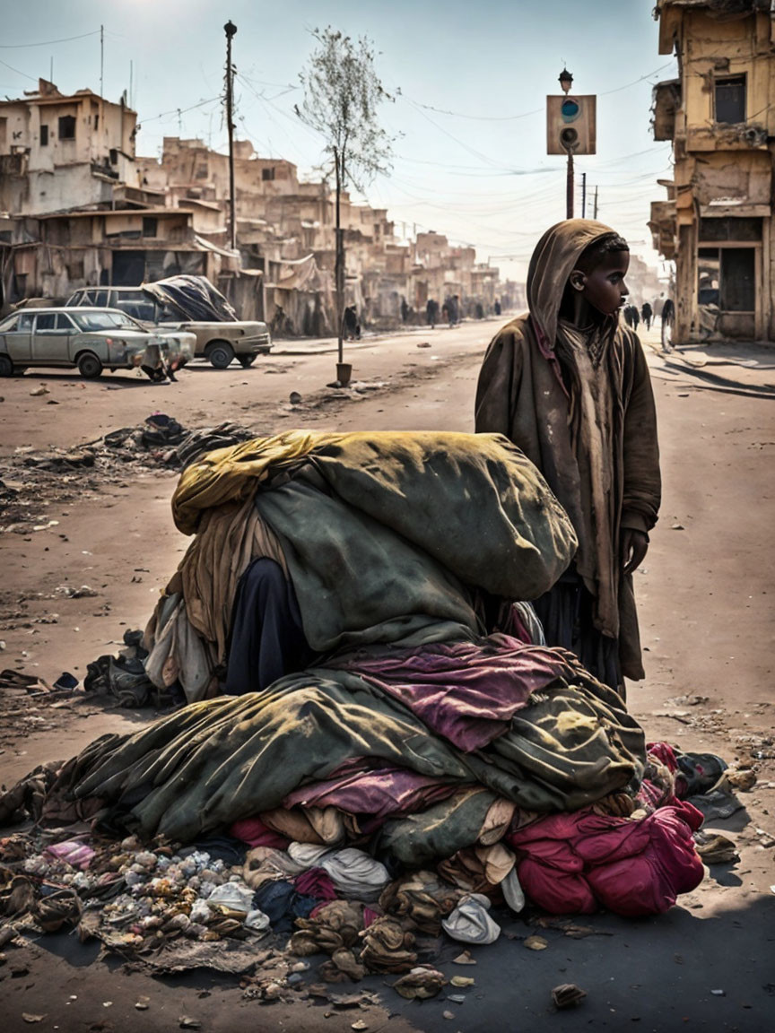 Person standing next to colorful discarded clothes on dusty urban street