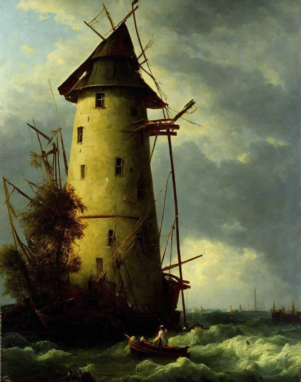 Weathered windmill on outcrop amid turbulent waters with boats and stormy sky.