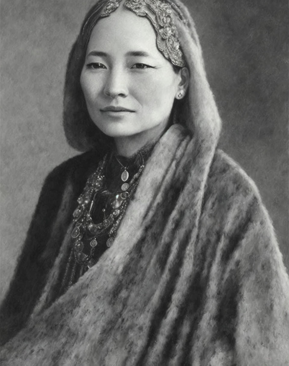 Traditional jewelry and fur shawl on woman portrait against textured background