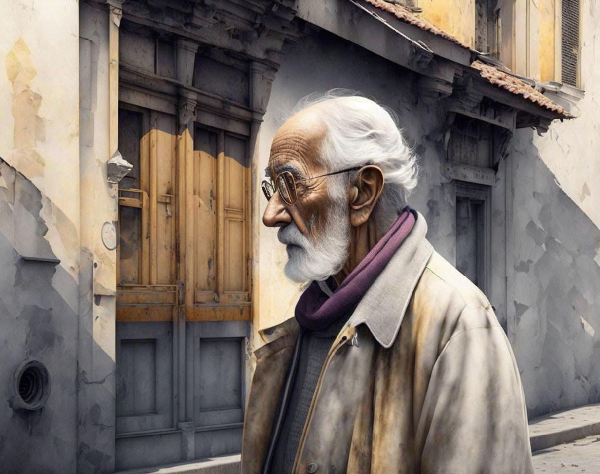 Elderly man in beige jacket and purple scarf on street with old buildings