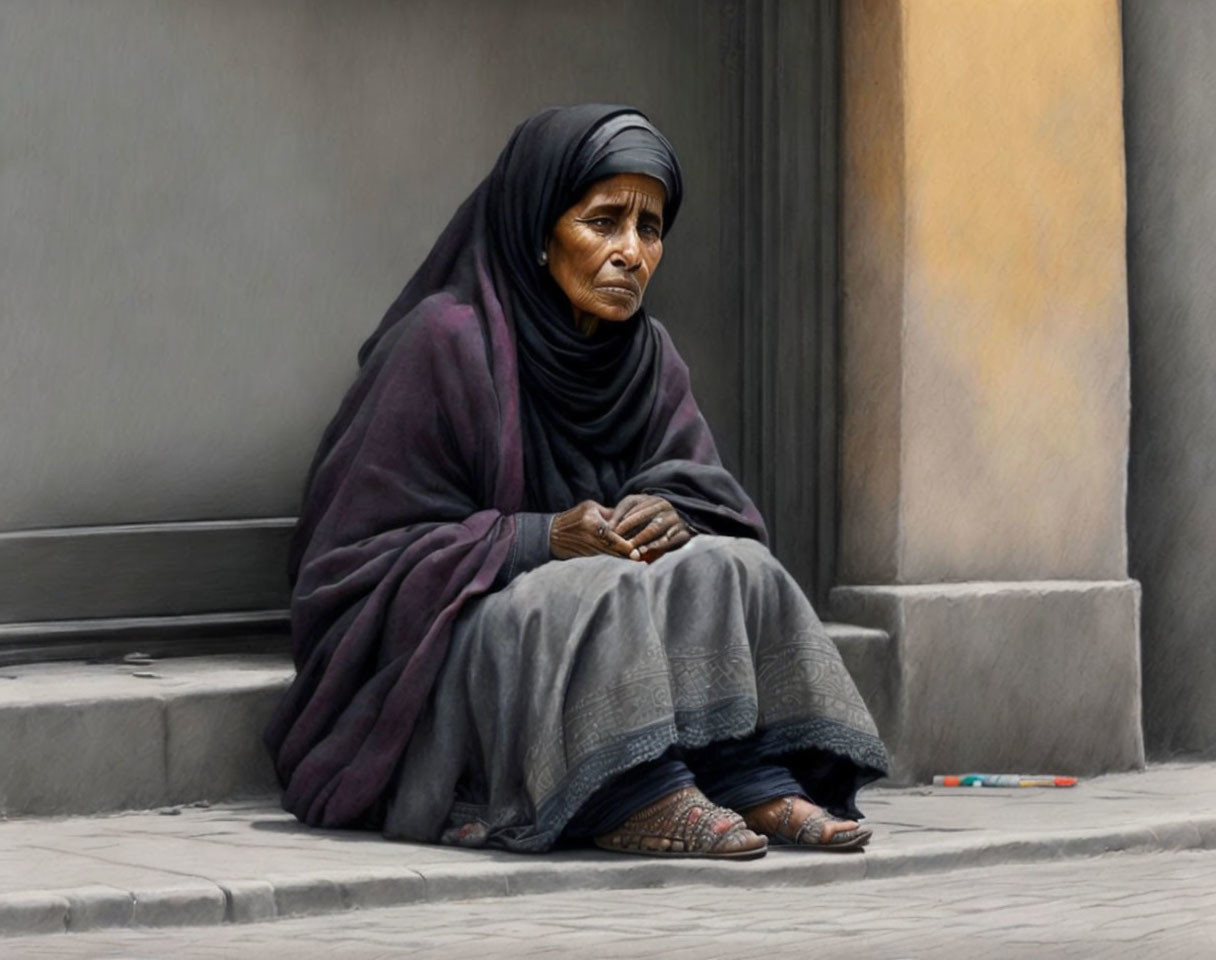 Elderly woman in dark shawl looks weary on street