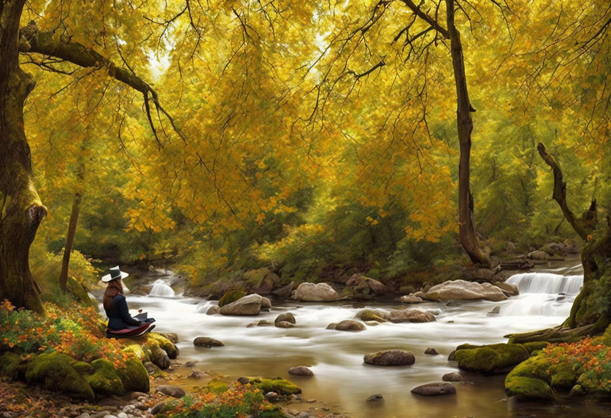 Person in hat by stream with autumn trees and waterfalls