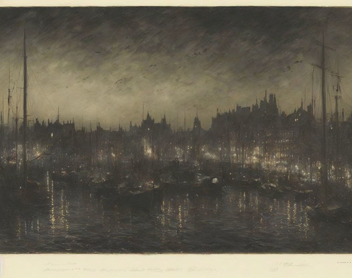 Monochromatic painting of a harbor at dusk with sailboats and city skyline