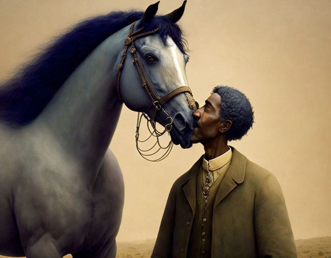 Man in Brown Coat Touches Noses with Blue Roan Horse