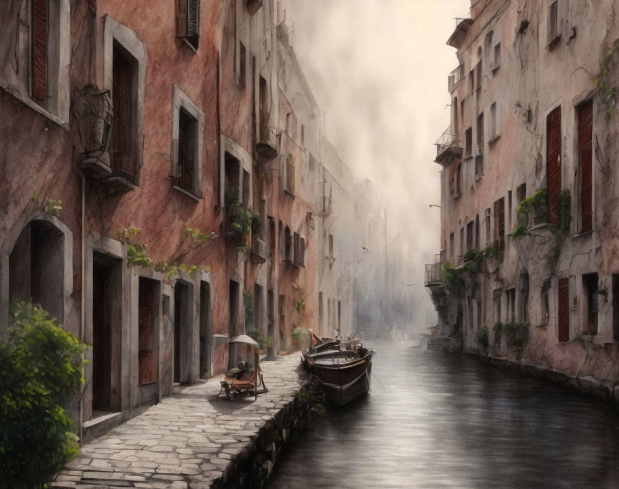 European Canal Scene: Boats, Old Buildings, Hazy Sky