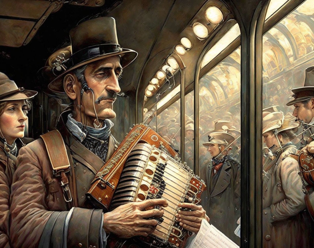 Detailed Vintage Attire Scene on Crowded Train with Accordion Player