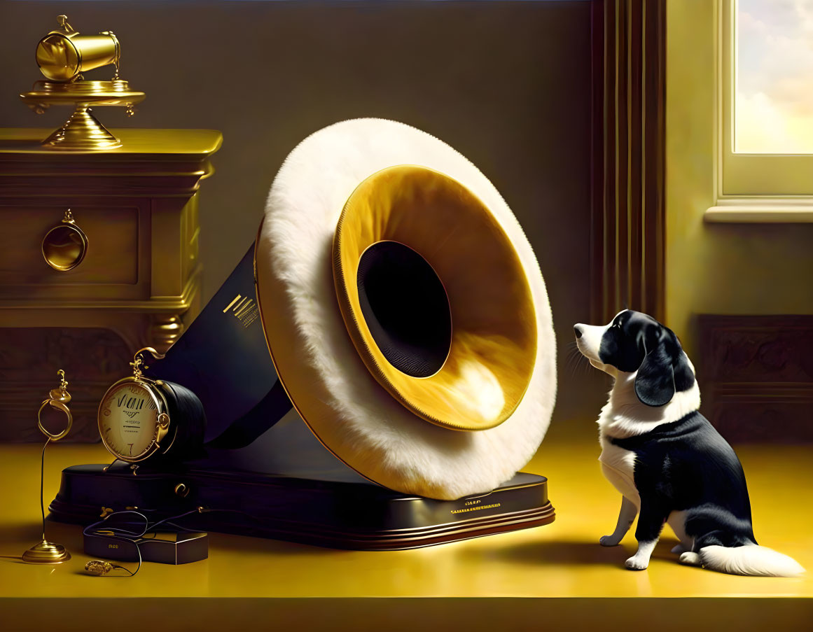 Vintage gramophone with dog, pocket watch, and window in soft-lit room