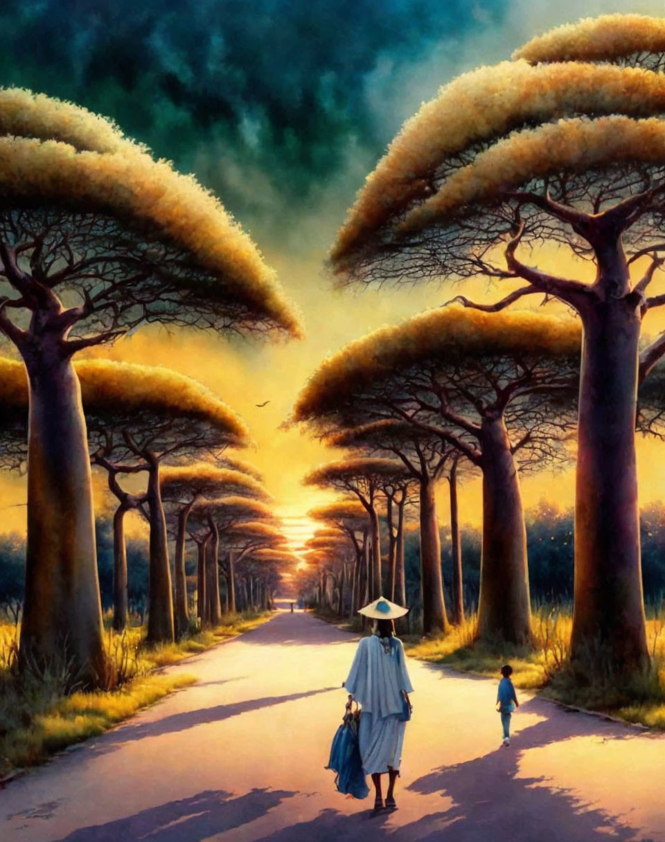 Person in robe and hat walking down path lined with baobab trees at sunset with child under dramatic