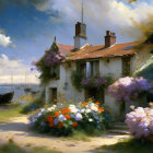 Seaside cottage with blooming garden and moored boats under sunny sky