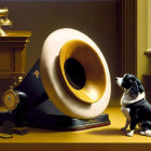 Vintage gramophone with dog, pocket watch, and window in soft-lit room