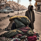 Person standing next to colorful discarded clothes on dusty urban street