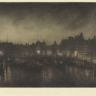 Monochromatic painting of a harbor at dusk with sailboats and city skyline