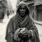 Elderly person in layered clothing on busy street.