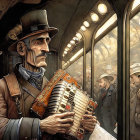 Detailed Vintage Attire Scene on Crowded Train with Accordion Player