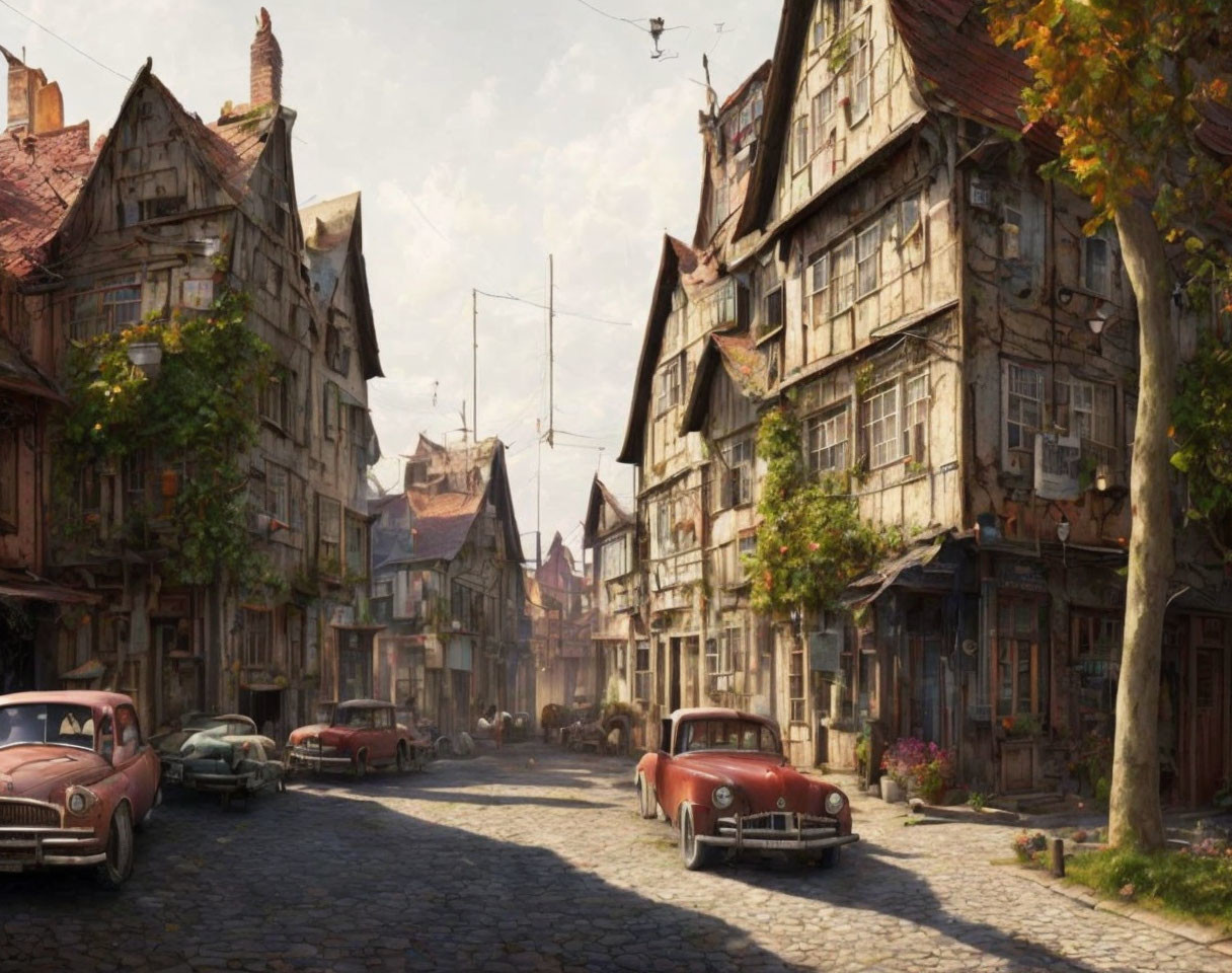 Vintage street scene: cobblestone roads, classic cars, timber-framed buildings, sunny sky