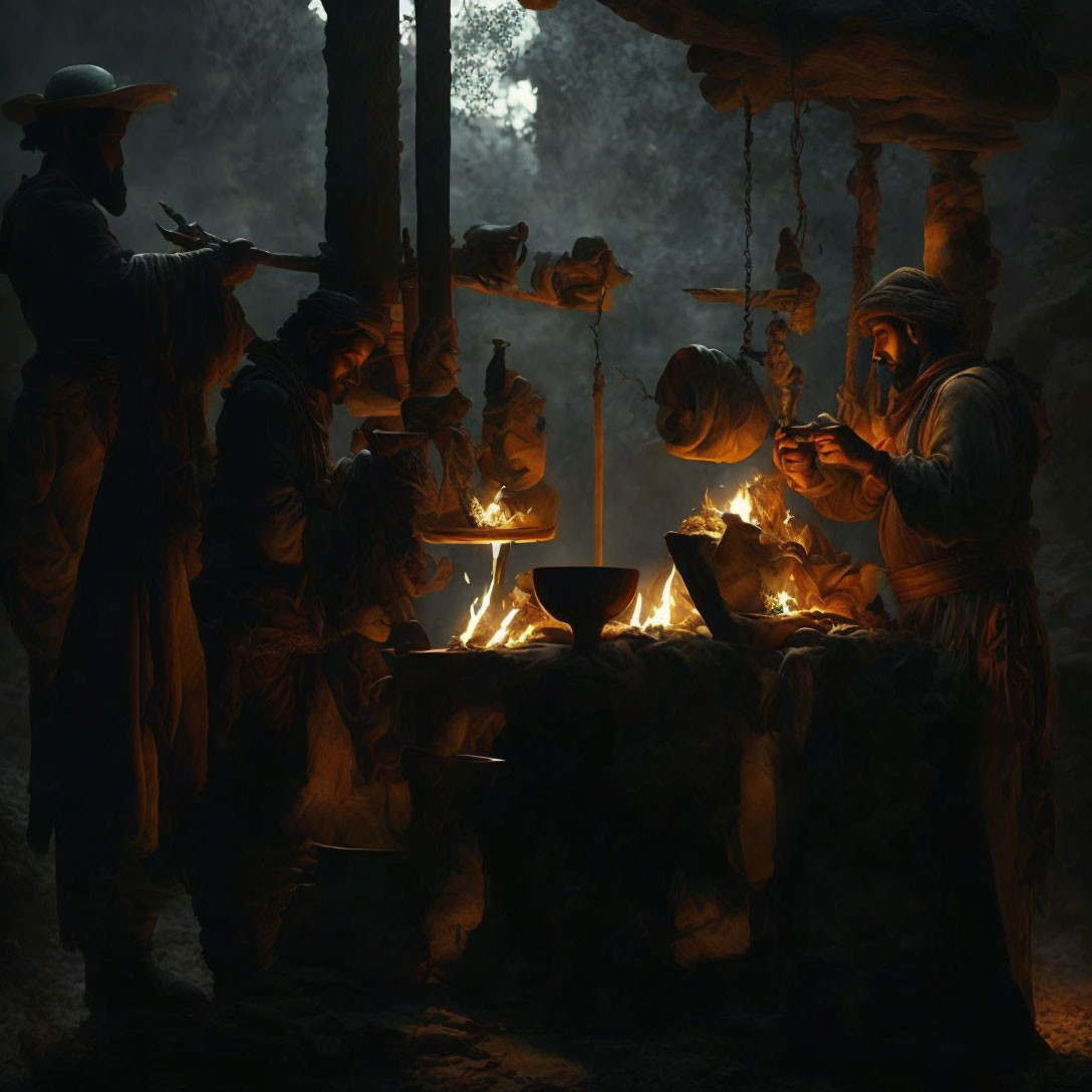 Historical attire individuals in dimly lit space, one working at table.