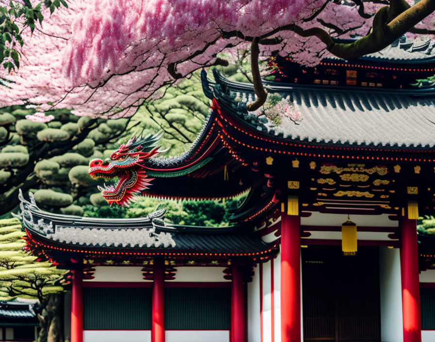 Asian Temple with Dragon Statue and Cherry Blossoms in Lush Setting