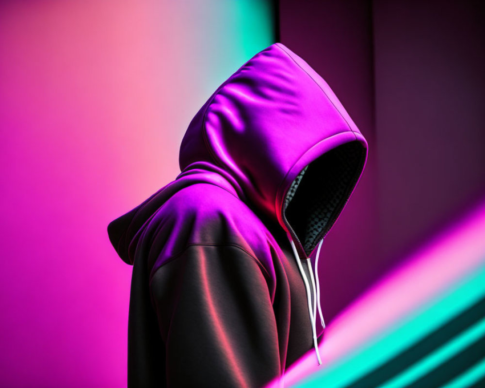 Magenta Hoodie Worn by Person Facing Away with Neon Lights