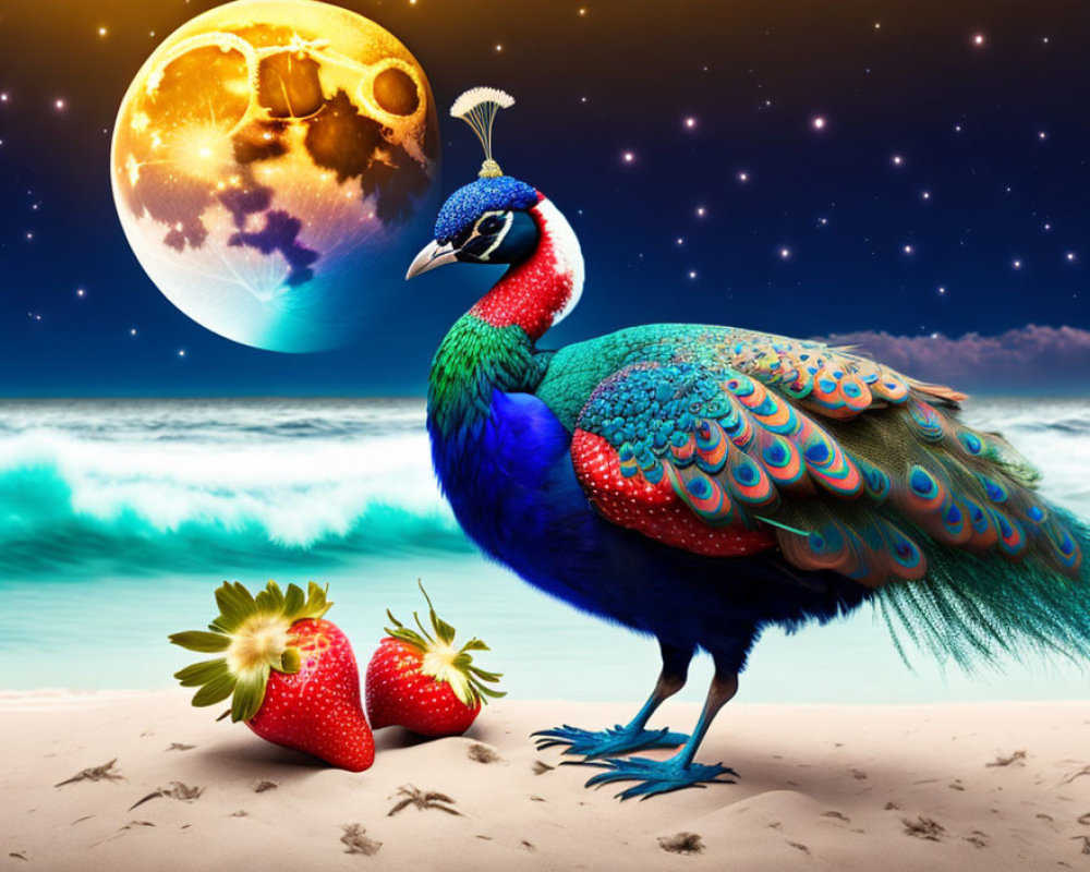 Colorful Peacock on Beach with Strawberries Under Starry Night Sky and Large Moon