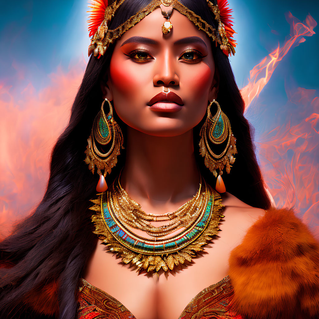 Woman adorned in intricate tribal jewelry and headdress against fiery tones and blue backdrop