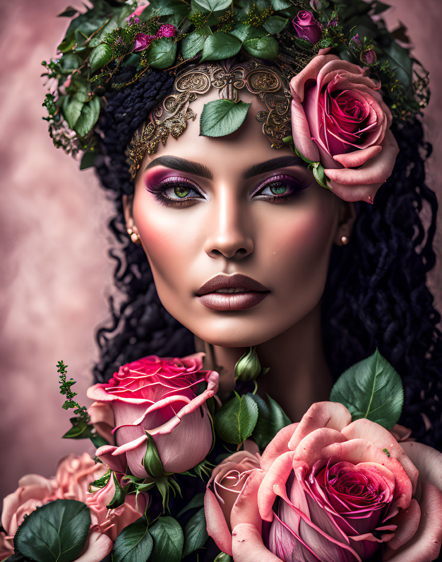 Woman with Floral Headdress and Purple Makeup Holding Rose on Pink Background