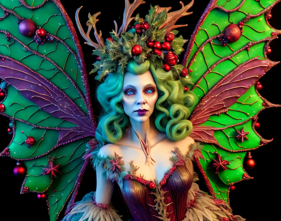 Festive fairy costume with green hair and Christmas-themed makeup