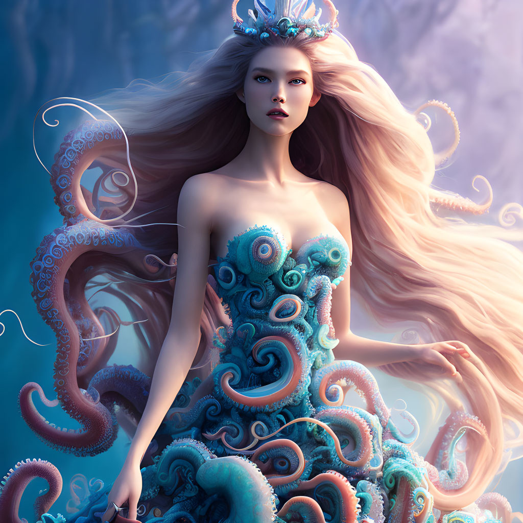 Fantastical woman with flowing hair and tentacle-adorned gown on mystical blue backdrop