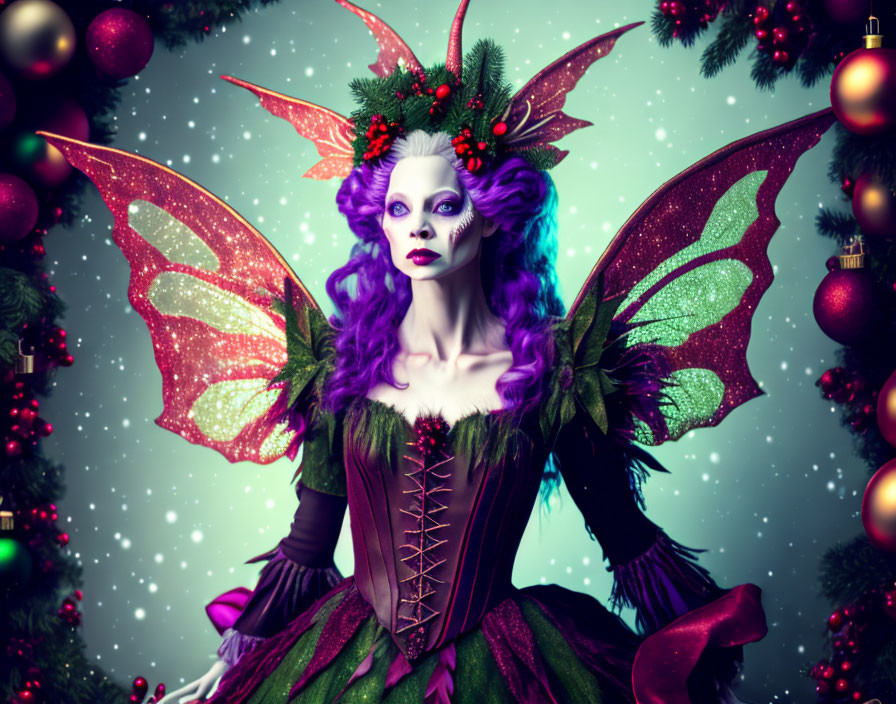 Fantasy-themed image of person with butterfly wings & holiday costume