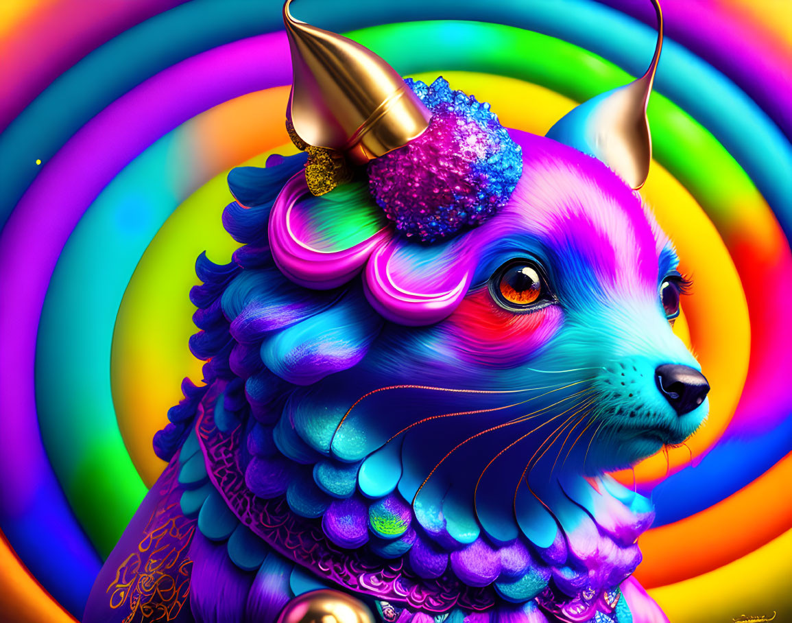 Colorful Animal with Rainbow Fur and Metallic Horns on Psychedelic Background