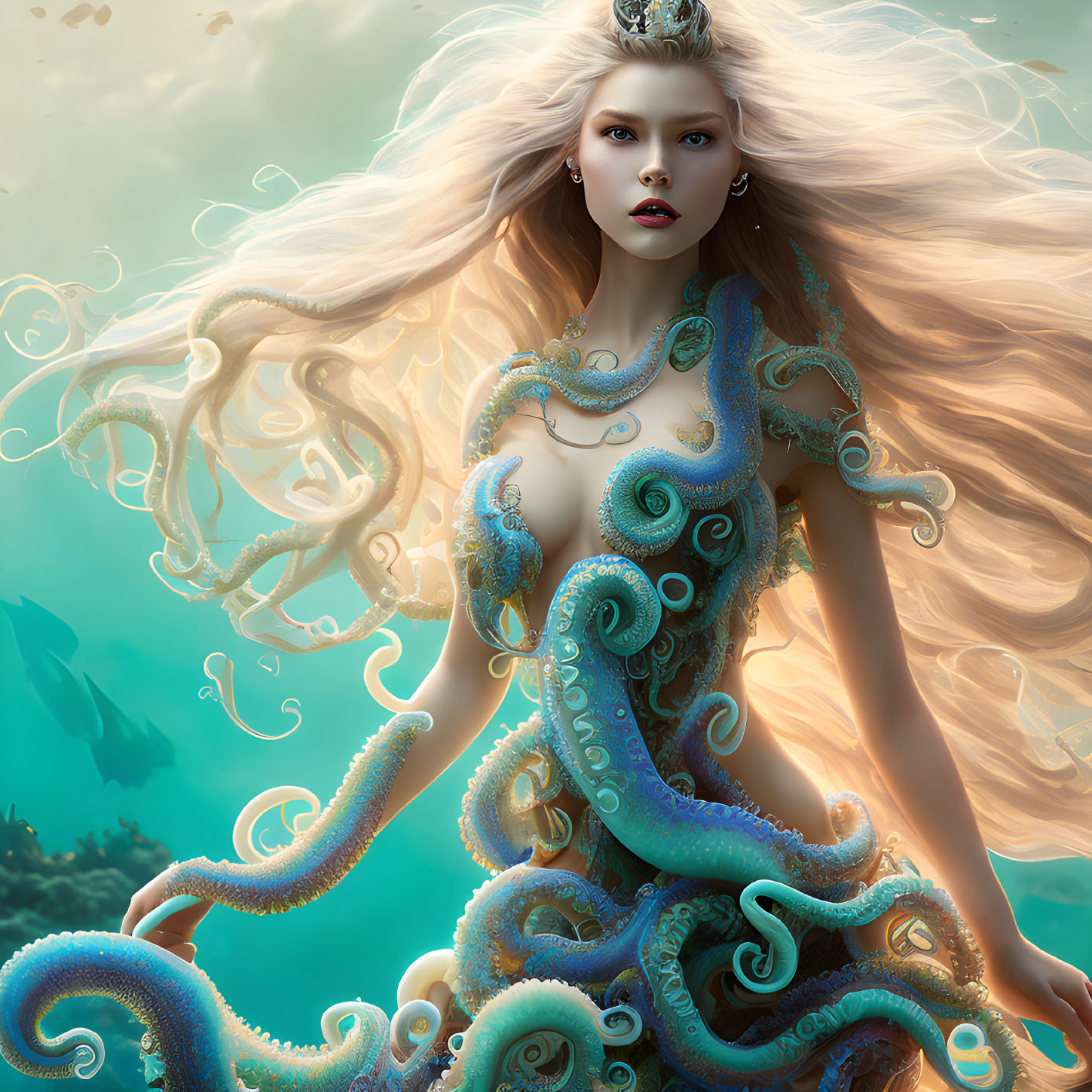 Fantastical image: Woman with flowing hair and tentacle dress on teal backdrop