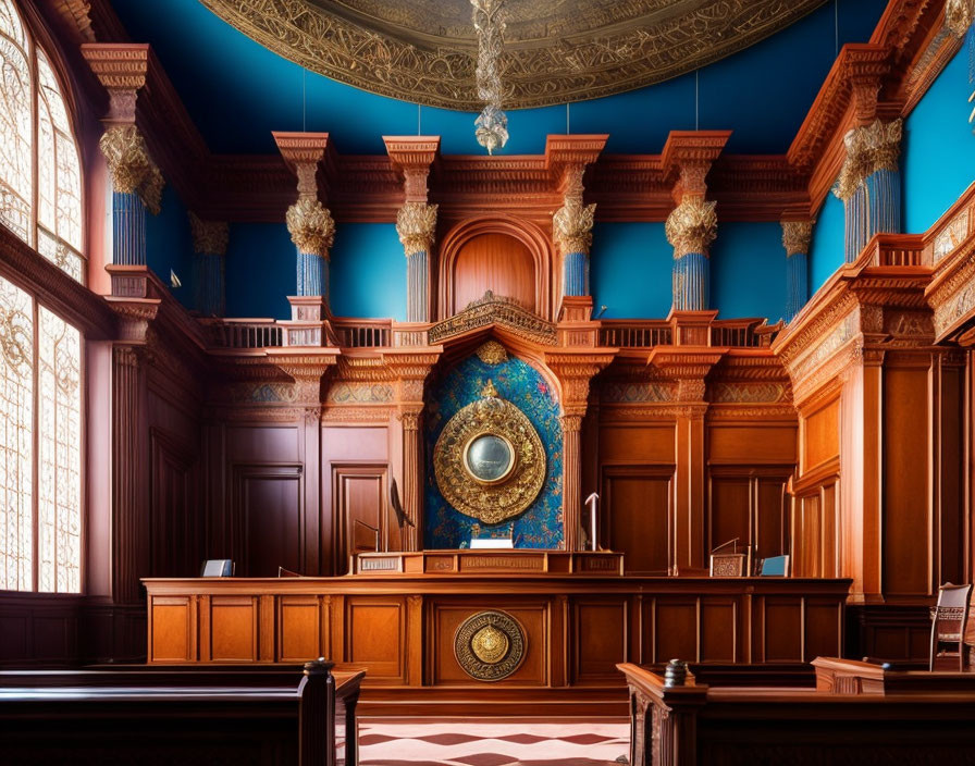 Grand courtroom interior with rich wooden paneling and ornate columns