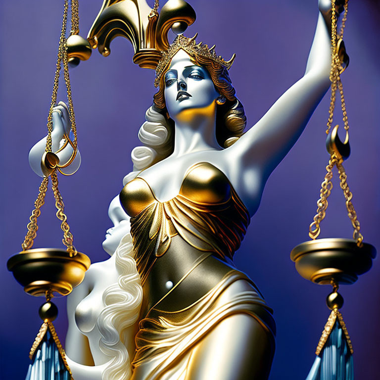 Allegorical figure Lady Justice with scales and sword on purple backdrop