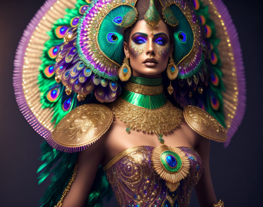 Woman in Peacock-Themed Makeup and Attire