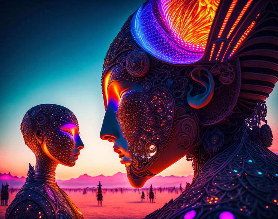 Stylized metallic faces in profile against neon desert sunset