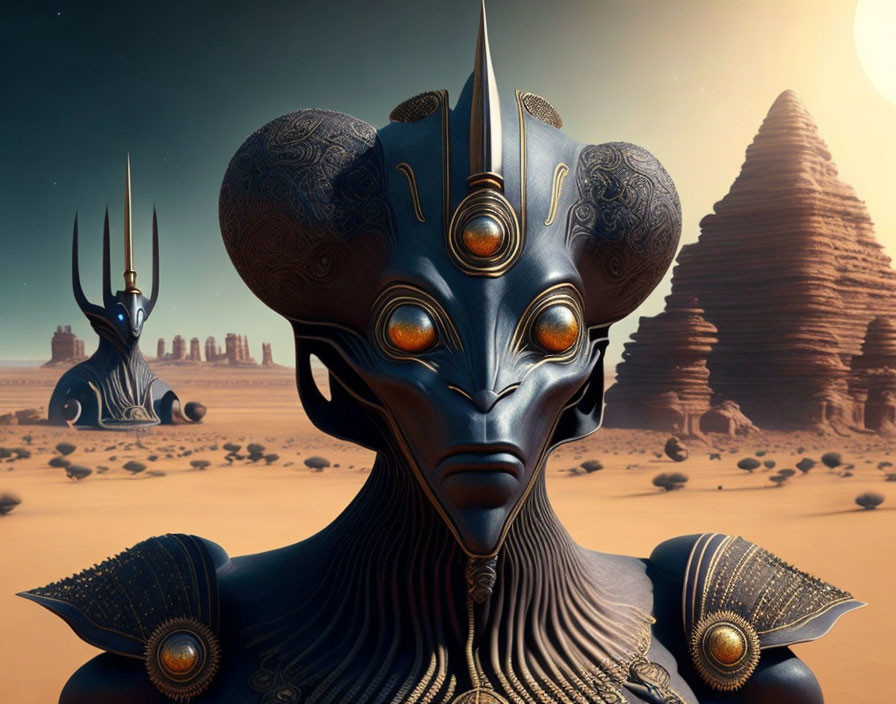 Intricate alien with ornate headpiece in desert landscape